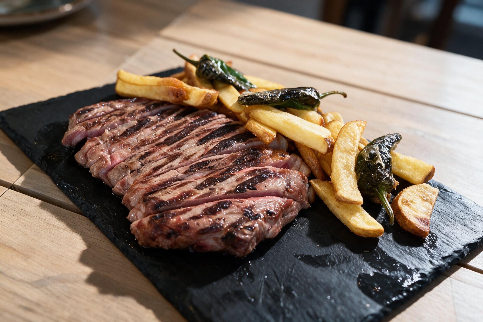 Entrecotte madurado con patatas gajo y pimientos del padrón